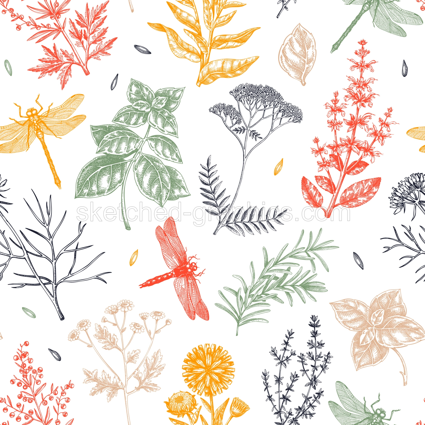 Apothecary plant background. Medicinal herbs seamless pattern. Insects hand-drawn vector illustration. NOT AI generated Illustration